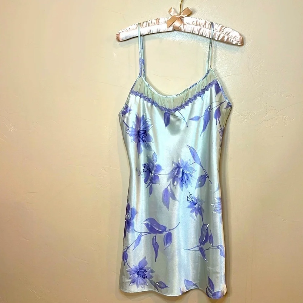NEW VTG 90s California Dynasty sleep chemise slip dress Mint Purple Sz M - Picture 5 of 13